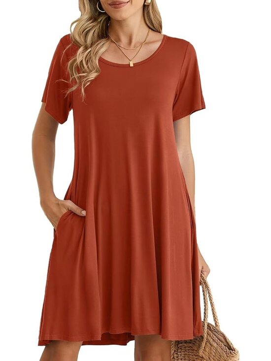 Dresses & Skirts - Women's Dark Orange Casual Loose Swing Tunic Short Sleeve Sun Mini Shirt Dress